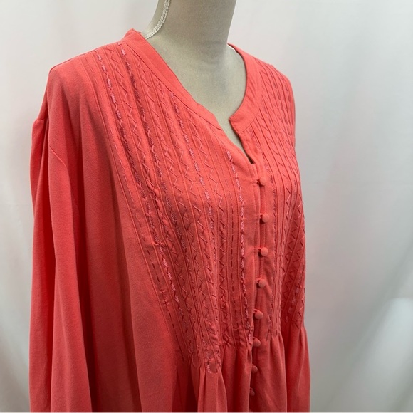 Woman Within Plus Size Tunic Top 4XL Coral Red 3/4 Sleeve Pleated Embroidered - Picture 3 of 7